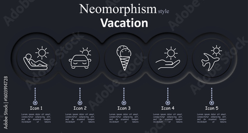 Vacation set icon. Person sunbathing, car under sun, ice cream cone, hand holding sun, airplane with sun illustrated using fine white outlines in soft circular buttons