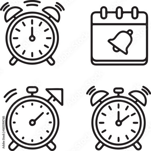 Time Management Icons Set Alarm Clocks and Calendar with Notification Bell in Outline Style Representing Schedules Deadlines and Reminders for Productivity and Organization