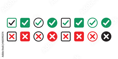 Green check symbol and red cancel icon. Affirmative and negative buttons. Accept and reject controls. Tick and X buttons. Vector graphics and silhouette signs on white backdrop.