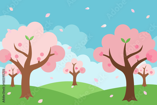 Charming spring landscape with blooming pink cherry blossom trees and falling petals