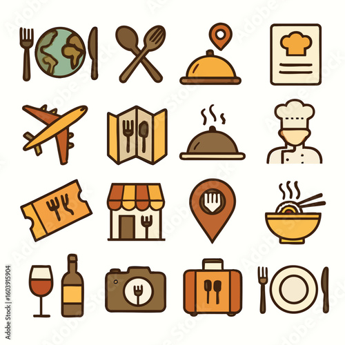 A diverse set of travel and food icons, perfect for websites, apps, and marketing materials related to culinary tourism, restaurants, and global cuisine.