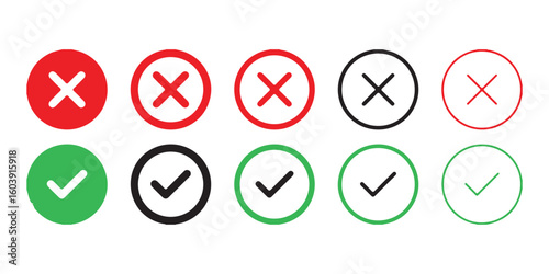 Green check symbol and red cancel icon. Affirmative and negative buttons. Accept and reject controls. Tick and X buttons. Vector graphics and silhouette signs on white backdrop.