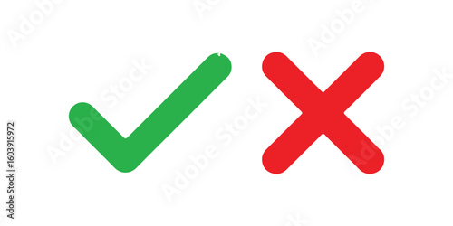 Green check symbol and red cancel icon. Affirmative and negative buttons. Accept and reject controls. Tick and X buttons. Vector graphics and silhouette signs on white backdrop.