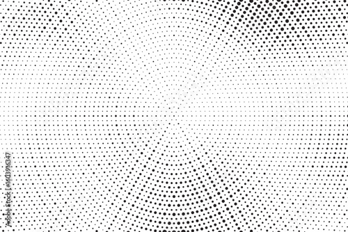 Radial halftone dots. Spotted and dotted stains gradient background. Concentric comic texture with fading effect. Black and white rough gritty wallpaper. Grunge monochrome geometric backdrop. Vector