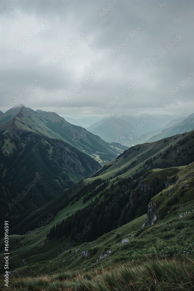 Fototapeta premium Lush Green Alpine Valley with Forested Mountain Slopes