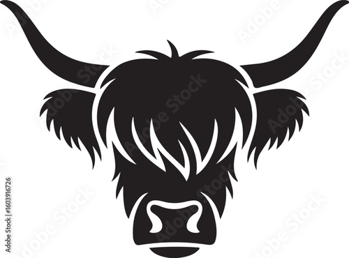 Highland Cow Head Silhouette Vector – Minimal Front View with Horns and Shaggy Hair