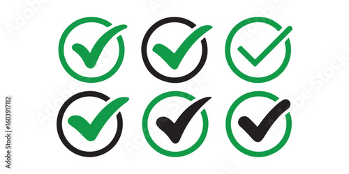 Green check symbol and red cancel icon. Affirmative and negative buttons. Accept and reject controls. Tick and X buttons. Vector graphics and silhouette signs on white backdrop.