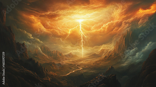 Fiery sky lightning strikes valley between mountains dramatic landscape