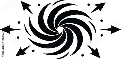Vector art of a dynamic black and white graphic of a swirling vortex with outwardpointing arrows isolated on transparent background.