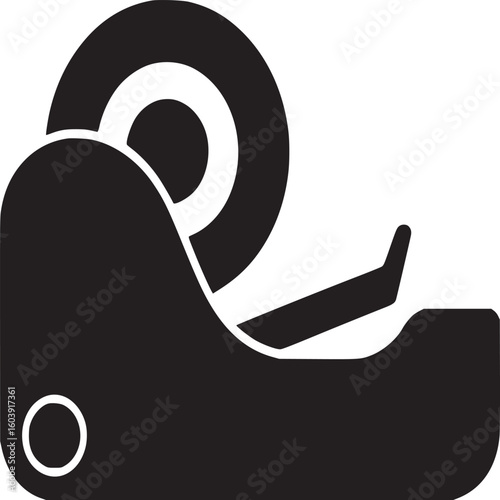 A black and white graphic of a tape dispenser with a roll of tape on a white background space
