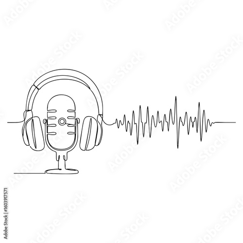 Vector line art of microphone and headphones with sound waves, podcast and audio recording concept