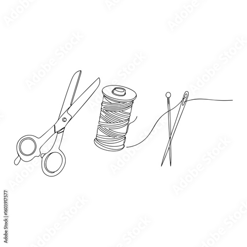 Vector line art of sewing tools including scissors, thread spool and needles, minimal continuous line illustration