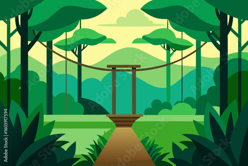 Flat design jungle scene with a wooden bridge and zipline