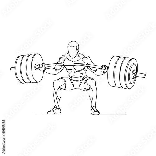 Vector line art of a weightlifter performing a squat with heavy barbell, fitness and strength training concept