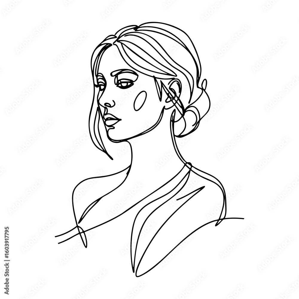 Vector line art portrait of a young woman with elegant hairstyle and soft facial features, continuous line drawing illustration. Vector line art portrait of a young woman with elegant hairstyle and soft facial features, continuous line drawing illustration.