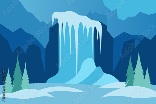 Stylized winter landscape with icicles and snow covered trees