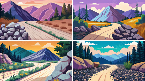road path in rocky mountains set with stones illustration cartoon abstract collection