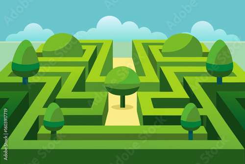 Green hedge maze with trees and a path under a cloudy sky