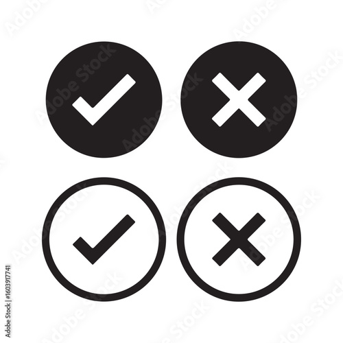 Green check symbol and red cancel icon. Affirmative and negative buttons. Accept and reject controls. Tick and X buttons. Vector graphics and silhouette signs on white backdrop.