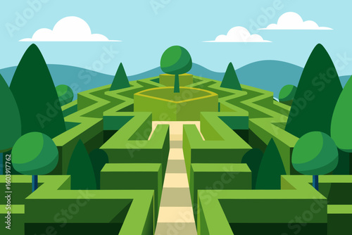 Green hedge maze with a path leading to a central tree and distant mountains