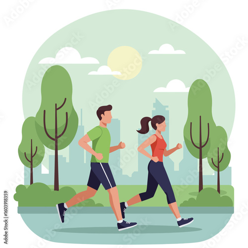A fit man and woman are jogging together in a vibrant green city park, enjoying a healthy outdoor exercise routine under the sun.