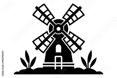 vector windmill black and white silhouette