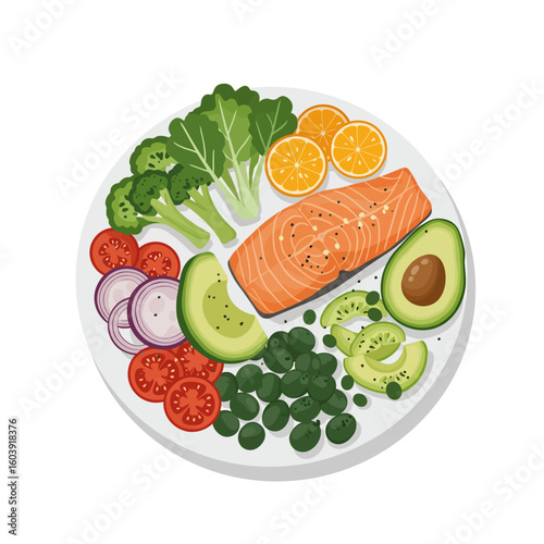 A healthy and delicious meal featuring pan-seared salmon with assorted fresh vegetables and citrus fruits, arranged on a white plate for a balanced diet.