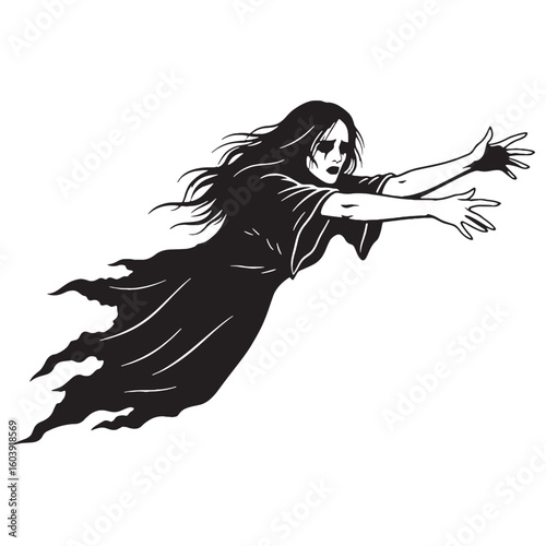 Eerie grace with midnight charm – Banshee silhouette shown in poetic Banshee vector – Banshee illustration – Halloween silhouette

