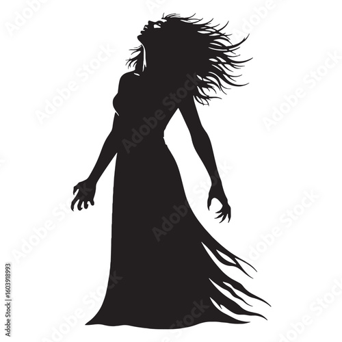 Timeless sorrow in feminine form – Banshee silhouette built with flowing Banshee vector – Banshee illustration – Halloween silhouette

