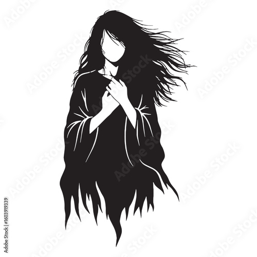 A spirit cloaked in moonlight – Banshee silhouette crafted in shadowy Banshee vector – Banshee illustration – Halloween silhouette

