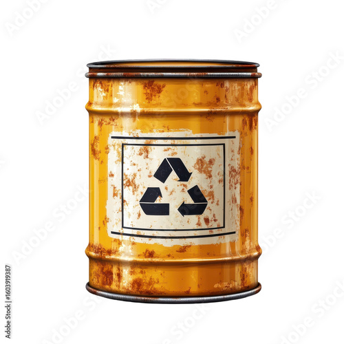 Old Rusty Yellow Recycle Bin on Black Backdrop Eco Friendly Waste Management Sustainable on transparent background