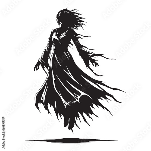 A haunting echo from Celtic myth – Banshee silhouette detailed in chilling Banshee vector – Banshee illustration – Halloween silhouette

