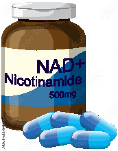 NAD Plus Nicotinamide Supplement Bottle with Blue Capsules