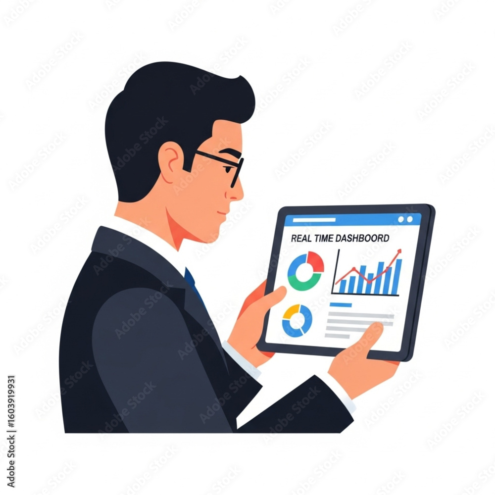 A businessman in a suit examines a tablet displaying real-time data charts and graphs. A businessman in a suit examines a tablet displaying real-time data charts and graphs.