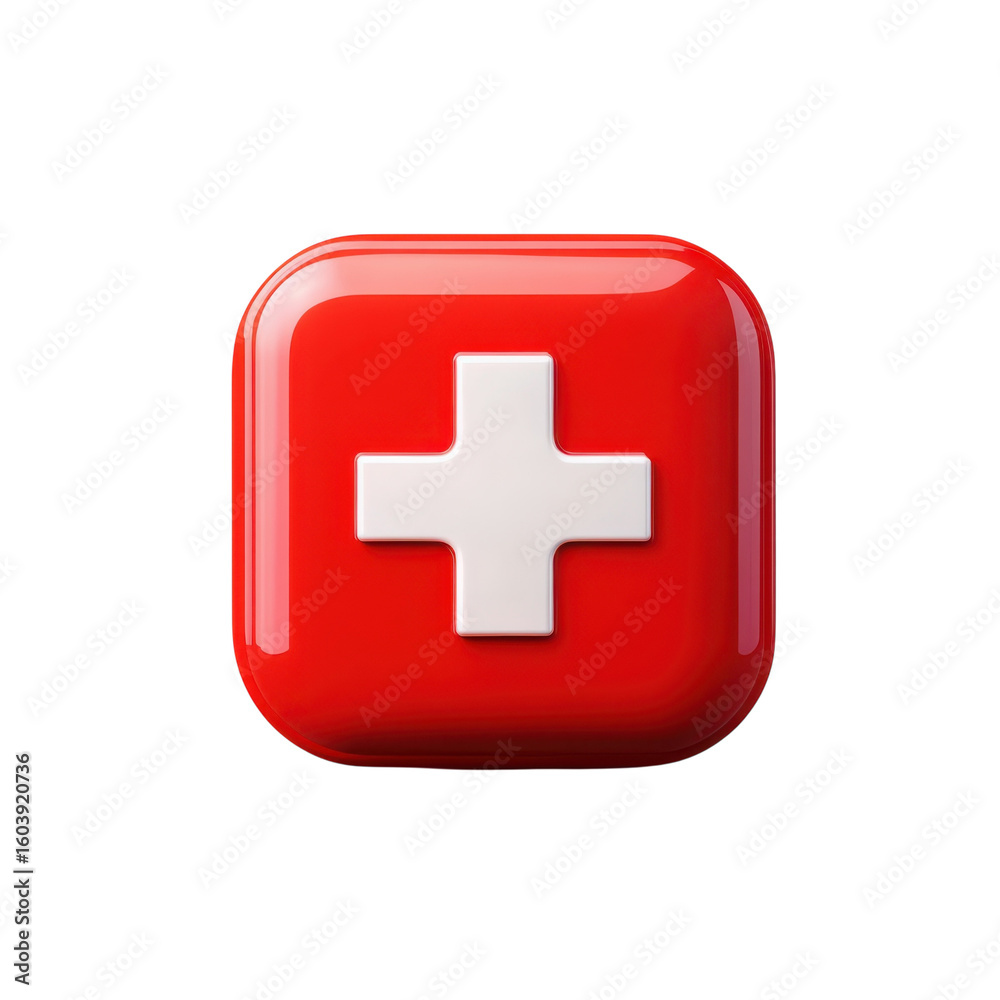 Fototapeta premium Shiny Red Emergency Button with White Cross Vector Illustration Medical Symbol First Aid on transparent background