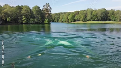 Mysterious X-Shaped Object Submerged in Clear Green Lake Water, Rippling Surface Revealing Hidden Structure in a Lush Forest Landscape