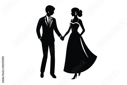 Elegant couple holding hands in formal attire