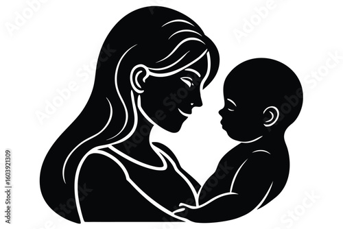 Mother and child silhouette embracing tenderly
