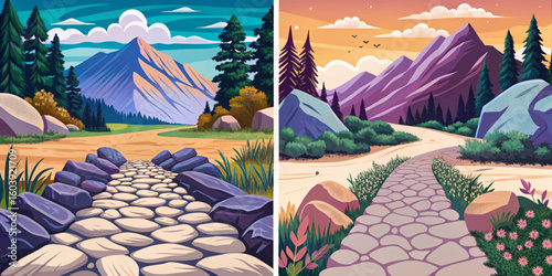 road path in rocky mountains set with stones illustration cartoon abstract collection