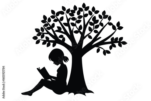 Silhouette of a girl reading a book under a leafy tree