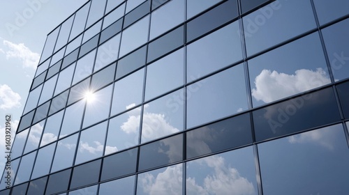 A modern glass building reflecting the sky and clouds.