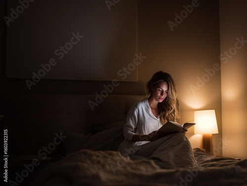 relaxing night at home,  lying in bed to rest, the woman sits on the edge of the bed reading a book