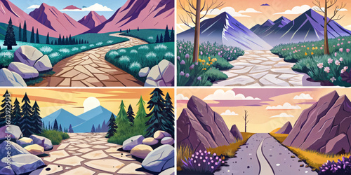 road path in rocky mountains set with stones illustration cartoon abstract collection
