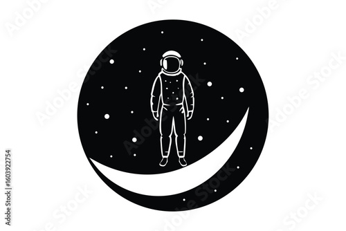 Astronaut floats in starry space above a crescent moon