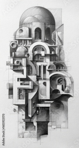 Abstract architectural drawing, layered forms, intricate detail