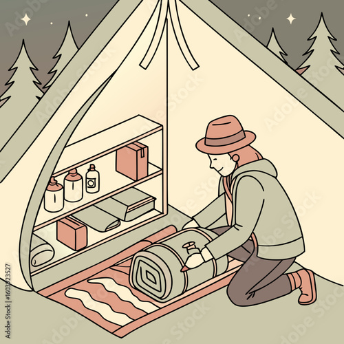 Woman inside a tent preparing a sleeping bag with a backpack and shoes visible in the tent interior space