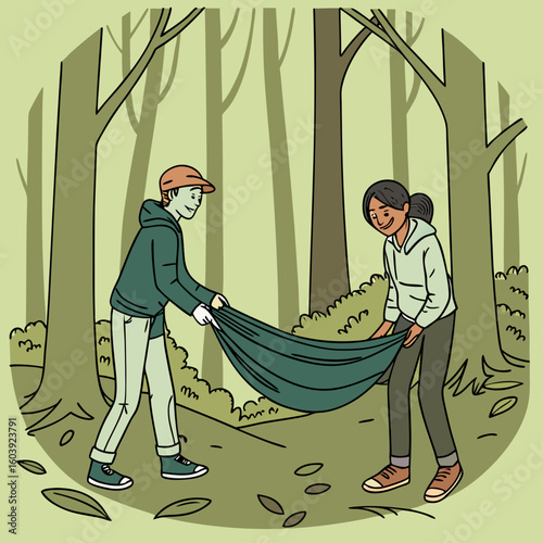Two people setting up a green tarp between trees in a forest with leaves on the ground in cartoon style