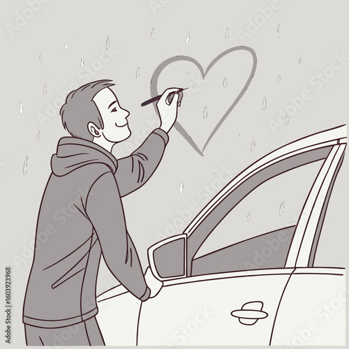 A man drawing hearts on a car window with a pen in a monochromatic illustration style with a hooded jacket