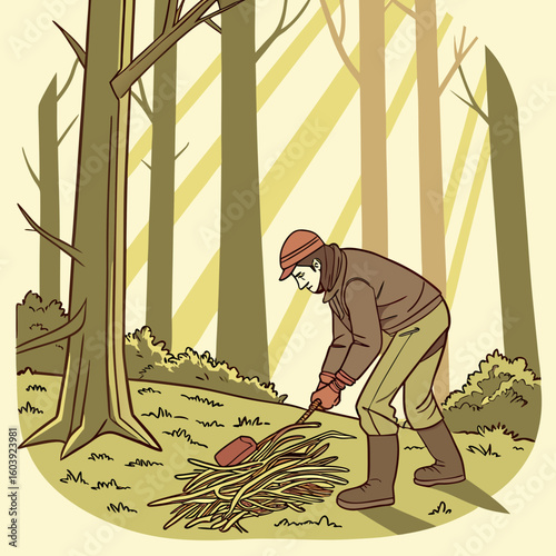 A man in a forest gathers firewood wearing a hat jacket and backpack near trees and bushes in the woods