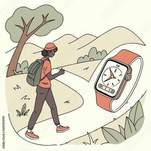 A hiker with a backpack using a smartphone on a trail with trees and a watch with a compass nearby